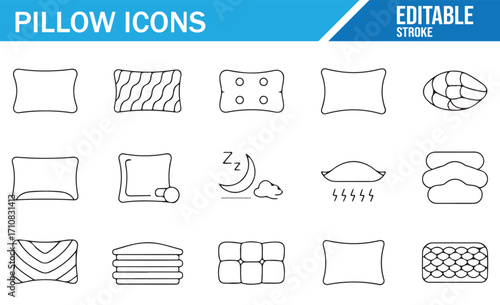 Editable line style pillow icons set including cushions, bedding, sleep, rest, and comfort symbols