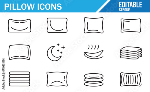 Editable line style pillow icons collection, bedding, cushions, sleep, rest, relaxation, comfort, bedroom essentials, and decorative pillow symbols set for interior design, furniture, and lifestyle co