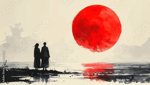 Lone shore samurai red moon art. Minimalist sunset ink warriors. Red moon reflection zen painting. Samurai dusk shoreline silhouette. Quiet sea red moon illustration. Japanese ink coastal night art