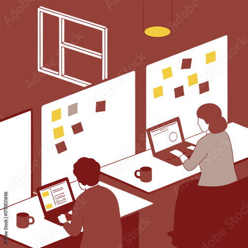 Focused professionals collaborating on laptops in a modern, minimalist office workspace, brainstorming ideas