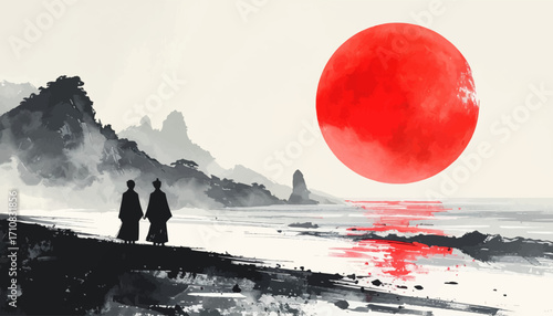 Samurai beach sunset red moon art. Japanese ink sunset, warriors. Red moon samurai minimal landscape. Zen samurai dusk beach silhouette. Water reflection red moon. Samurai path sunset ocean horizon