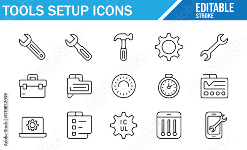 Editable vector symbols of construction tools, maintenance gears, and engineering setup icons