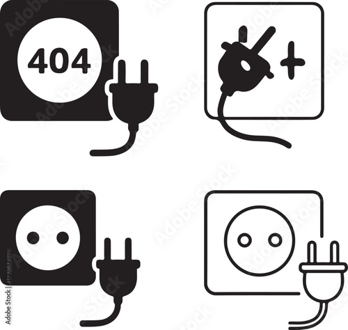 Electric plug socket icons set, four unplugged 404 connection icons, black silhouette, outline, filled, thin stroke, minimal line style, editable vector, isolated design, power and energy symbols