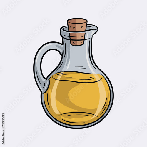 Glass Jug with Handle Filled with Golden Yellow Oil and Cork Stopper Keywords: glass, jug, bottle