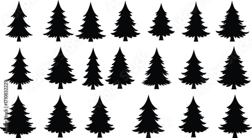 Collection of pine tree silhouettes, black evergreen icons, vector forest design elements, nature illustration set, isolated Christmas trees