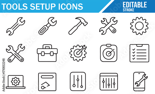Editable line style tools setup icons collection, wrench, screwdriver, hammer, gears, toolbox, laptop, clipboard, machine, and maintenance symbols for engineering, repair, and construction design
