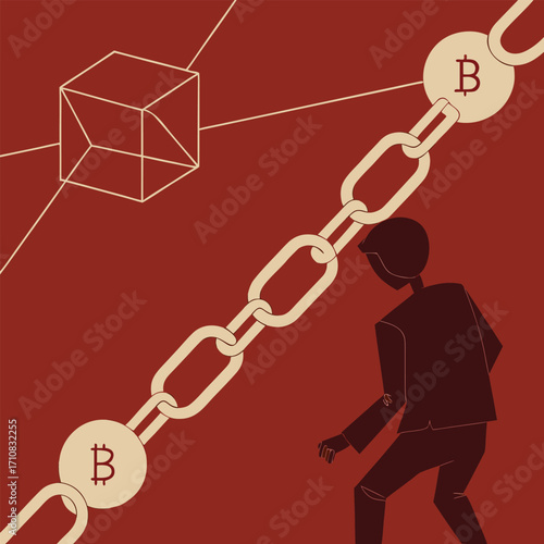 Man contemplating blockchain technology and cryptocurrency network connections with bitcoin symbols
