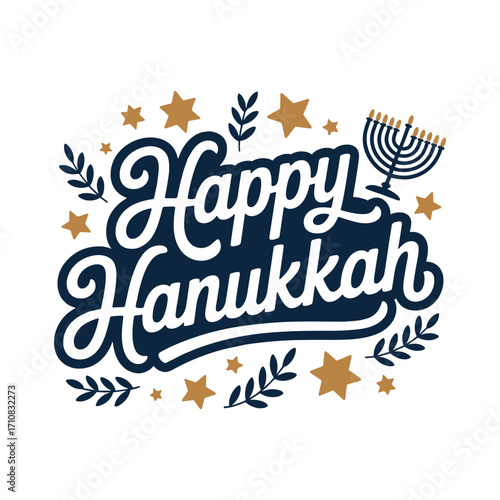 Happy Hanukkah calligraphy with menorah and gold stars and leaves Keywords: happy hanukkah, jewish