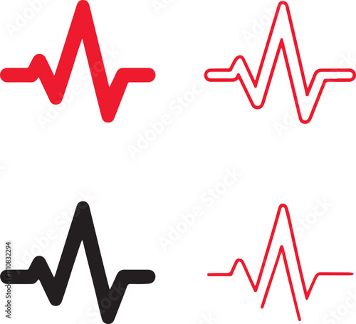 Heartbeat icons set, four red heart pulse line icons, black silhouette, outline, filled, thin stroke, minimal line style, editable vector, isolated design, health and medical monitoring symbols