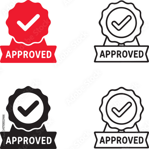 Approval icons set, four certified approved quality icons, black silhouette, outline, filled, thin stroke, minimal line style, editable vector, isolated design, guarantee and verified symbols