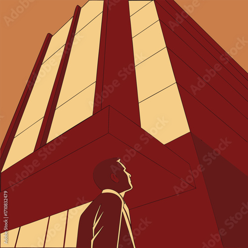 Determined businessman gazes upwards at towering modern corporate building symbolizing ambition and success