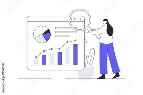 Businesswoman holding a magnifying glass and graph, reports icon. Data analysis and business analytics concept. Flat Cartoon Vector Illustration, icon Stylish abstract design landing page web