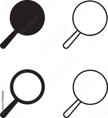 Magnifying glass icons set, four search loupe magnifier icons, black silhouette, outline, filled, thin stroke, minimal line style, editable vector, isolated design, zoom and find symbols