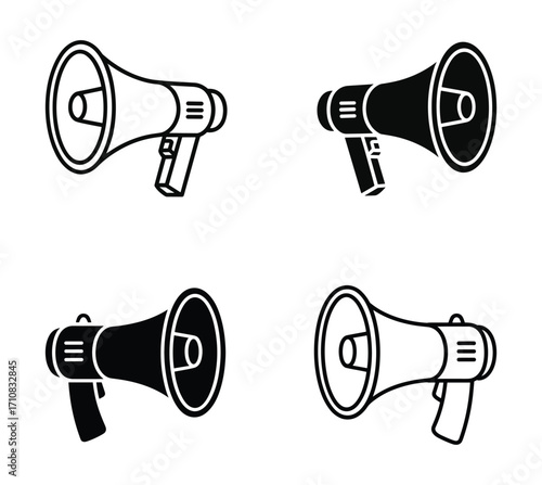 Megaphone icons one outlined white and one solid black facing each other bullhorn speaker