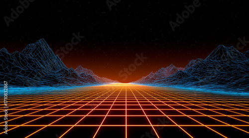 Background with mountains at sunset and a neural network. A technological background on the theme of virtual reality and fully immersive games.