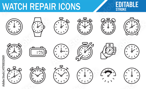 Line art stroke design icons of wristwatches, stopwatches, gears, and wrench repair toolkit