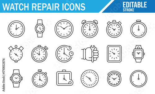 Editable vector symbols of watch maintenance, stopwatch, clock, and time repair elements