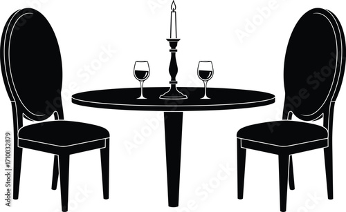 Romantic dinner table silhouette with candlelight, wine glasses, elegant chairs, minimal vector art for restaurant, date night, interior design
