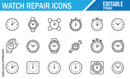 Minimal flat icon set of watch repair, stopwatch, wristwatch, and clock maintenance graphics