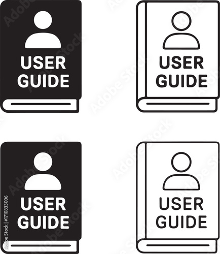 User guide book icons set, four book manual icons, black silhouette, outline, filled, thin stroke, minimal line style, editable vector, isolated design, learning and documentation symbols