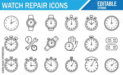 Editable stroke outline collection of clock, stopwatch, wrench, and gear icons for horology repair