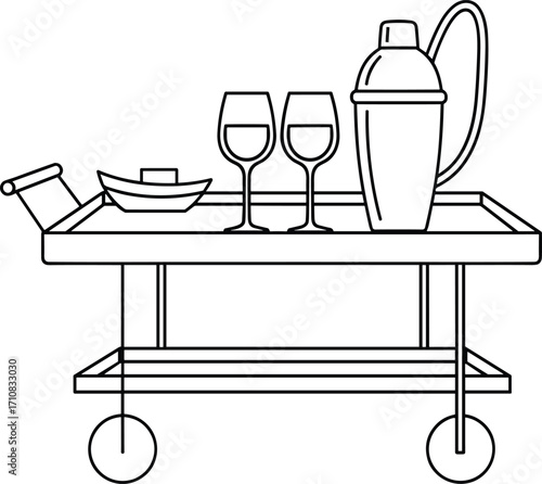 Serving cart with drinks line illustration, black and white vector of wine glasses, cocktail shaker, pitcher for hospitality design