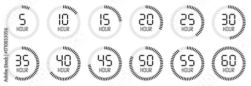 Digital countdown timer icons set, circular hour clock progress indicators from 5 to 60 hours. 5, 10, 15, 25, 30, 40, 45, 50, 60 hours. Timer, clock, stopwatch isolated vector illustration.