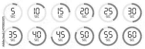 Digital countdown timer icons set, circular second clock progress indicators from 5 to 60 seconds. 5, 10, 15, 25, 30, 40, 45, 50, 60 seconds. Timer, clock, stopwatch isolated vector illustration.