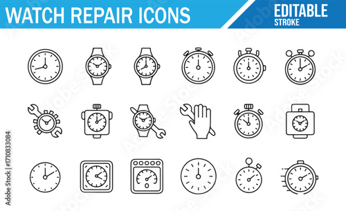 Line style vector icons of watch repair and maintenance tools with stopwatch and wristwatch symbols