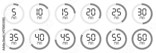 Digital countdown timer icons set, circular minute clock progress indicators from 5 to 60 minutes. 5, 10, 15, 25, 30, 40, 45, 50, 60 minutes. Timer, clock, stopwatch isolated vector illustration.