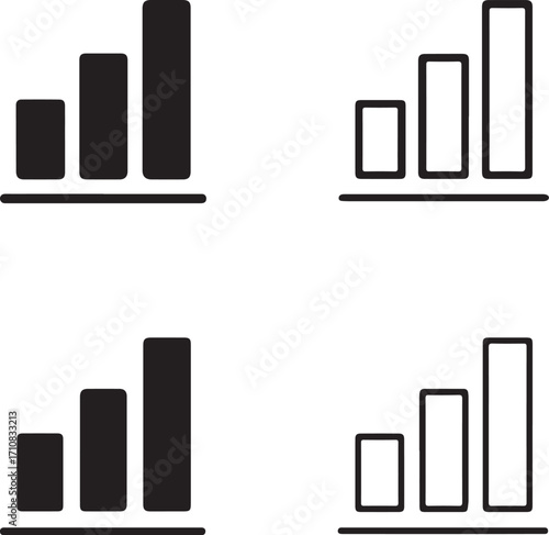 Bar chart icons set, four analytics graph chart icons, black silhouette, outline, filled, thin stroke, minimal vector, editable isolated design, business and data report symbols