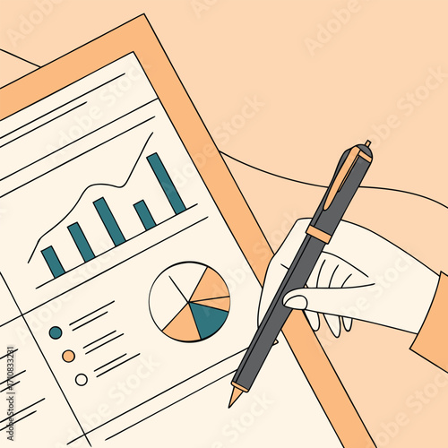 Confident hand reviews financial report with bar and pie charts, planning business growth strategy