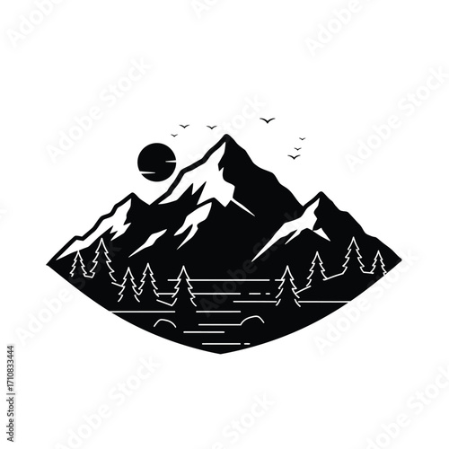 Mountain range sun and water design with a bold black silhouette