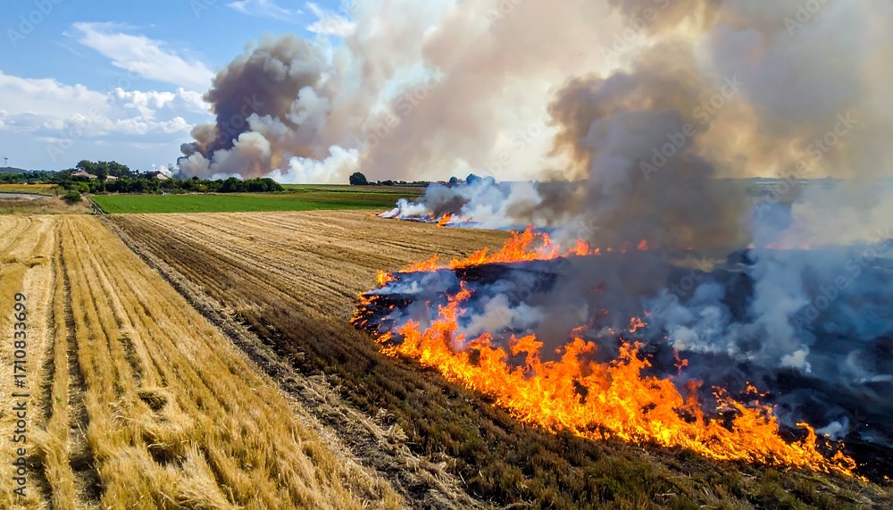 Naklejka premium A large agricultural field ablaze with intense flames, surrounded by smoke and other fields.
