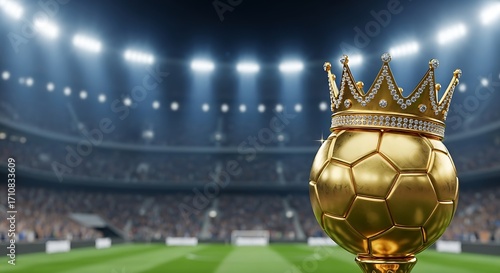 Golden Football Trophy Crowned with Diamonds, Symbolizing Victory and Championship Prestige in a Packed Stadium Arena