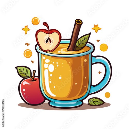 Apple Cider Holiday Drink Vector Illustration with Cinnamon Stick, Apples, and Cozy Autumn Decor