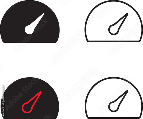 Speedometer icons set, four car dashboard meter icons, black silhouette, outline, filled, thin stroke, minimal vector, editable isolated design, speed and performance symbols