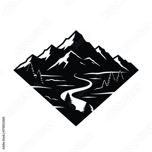Mountain range landscape with winding river and trees a striking silhouette