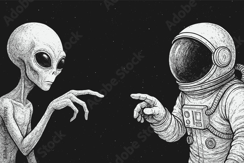 Black and white hand-drawn illustration of first contact between alien and astronaut, reaching hands toward each other in symbolic encounter of different civilizations