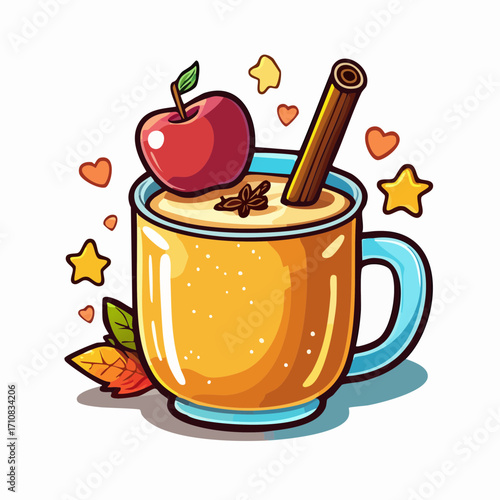 Apple Cider Holiday Drink Vector Illustration with Cinnamon Stick, Apples, and Cozy Autumn Decor