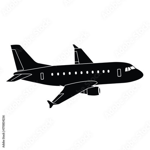 A black airplane in flight clearly defined against a white background silhouette