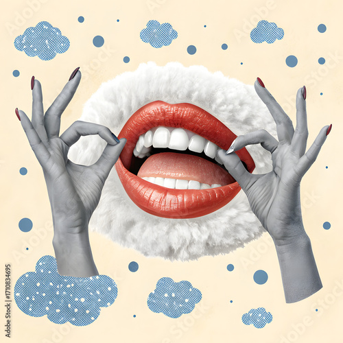Surreal collage of red lips and hands with fluffy cloud elements