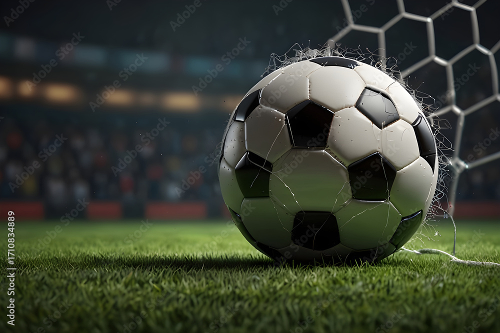Obraz premium A soccer ball hits the net, surrounded by a stadium and green grass field