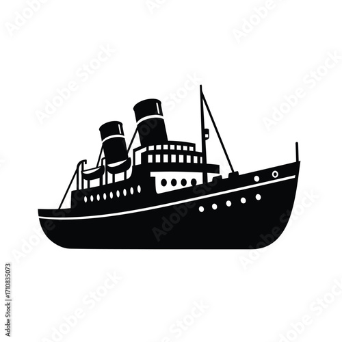 Classic steamship design with prominent smokestacks a striking black silhouette