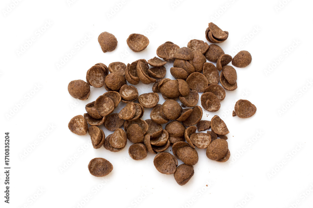 Naklejka premium Chocolate corn flakes on a white background. Delicious nutritious Breakfast for the child