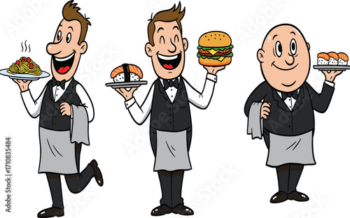 Cartoon waiters serving spaghetti, sushi, and hamburger with cheerful expressions, representing Italian, Japanese, and American food in vector styleCartoon waiters serving spaghetti, sushi,