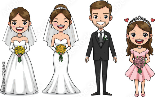 Cartoon wedding characters in elegant attire, brides, groom, and flower girl illustration, romantic vector art for celebration and design projectsCartoon wedding characters in elegant attire,