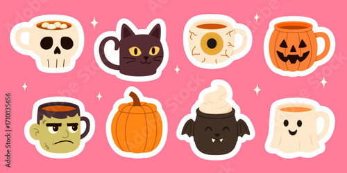 Cute kawaii Halloween mugs ghost pumpkin skull cat frankenstein bat in festive sticker style colorful spooky characters seasonal autumn illustration design