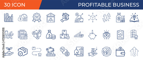 Minimalist Profitable Business line icons set with editable stroke, featuring strategy, revenue, competitive advance, margin, manufacturing. thin linear illustration. vector illustration eps file