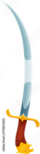 Cartoon pirate sabre with an exaggerated curved silver blade, gold crossguard and wooden handle ending in a decorative golden eagle head. Vector corsair cutlass or sword for fantasy or adventure games